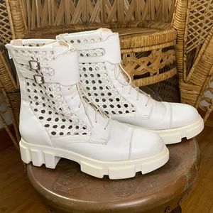 Free People High Top Combat Boots White with Leather Weave//Back Zipper size 40